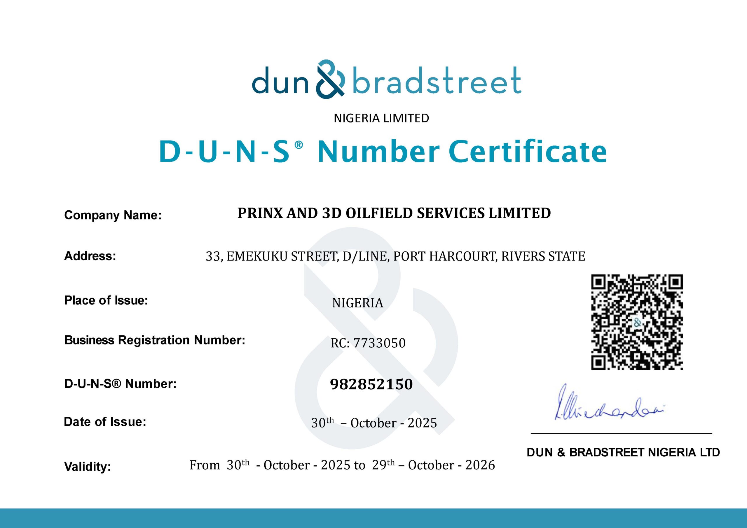 DUNS CERTIFICATE